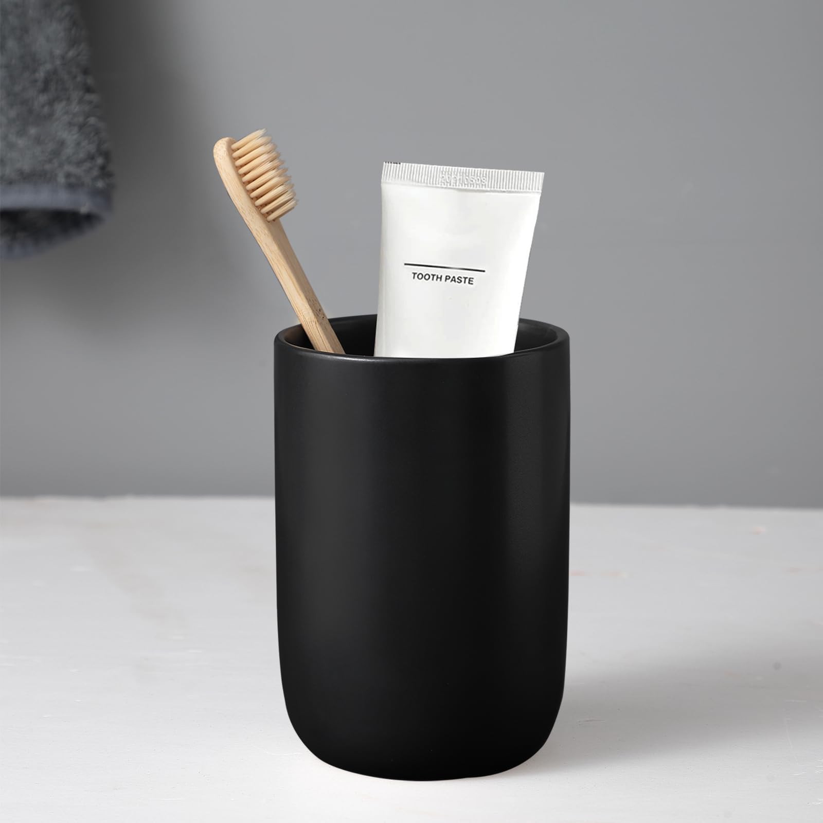 Matte Black Toothbrush Holders For Bathrooms - 1 Cups Ceramic Toothbrush Toothpaste Holders, Black Bathroom Tumbler Cup Reusable