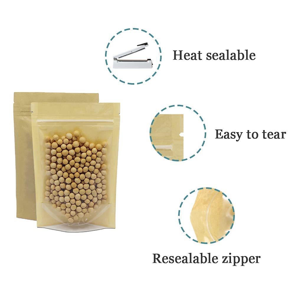 Ferenli 50 Pcs Clear Fornt Brown Kraft Paper For Zip Plastic Package Lock Bag Doypack Stand Up Pouch Zipper Lock Reclosable Pouc
