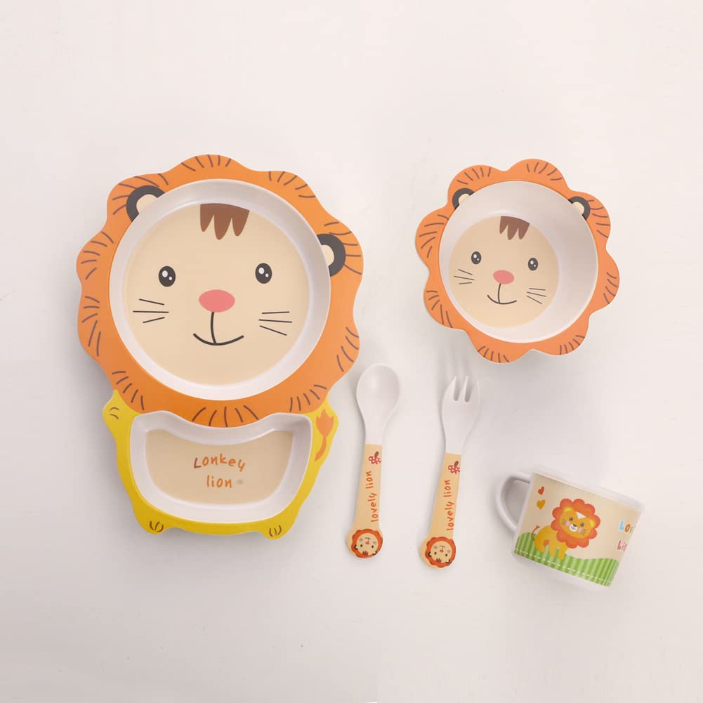 Fekdod Kids Dinnerware Set Bamboo 5 Pcs with Plate Bowl Cup Fork Spoon (Lion)