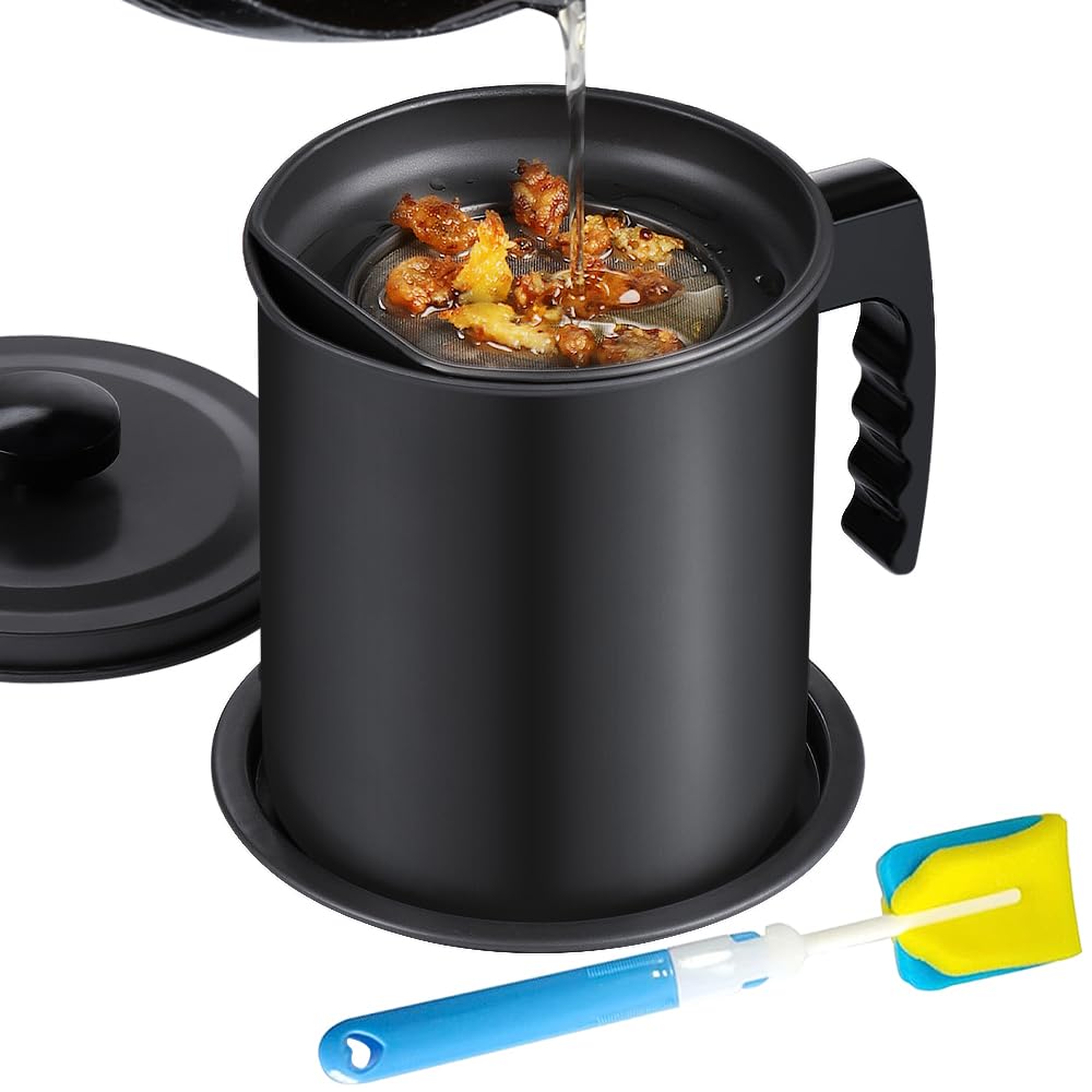 Keouke Bacon Grease Container With Strainer - 1.3L / 5.2 Cups Oil Storage Holder Can For Cooking, Frying With Replaceable Cleani
