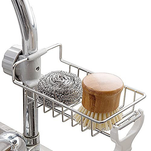 Kitchenfest Sink Caddy Organizer Kitchen Faucet Sponge Holder Drainer Shelf Soap Sponge Stainless Steel Storage Rack