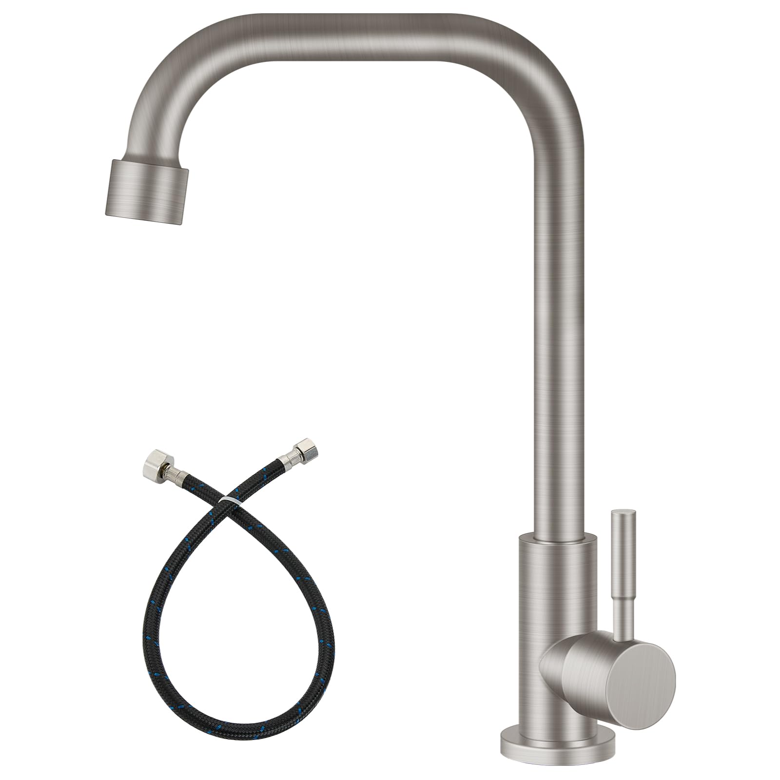 Cold Only Water Kitchen Faucet Brushed Nickel Heyalan Single Lever Handle 304 Stainless Steel Commercial Bar Tap Decked Mounted 360 Degree Swivel Spout Longer Thread Pipe