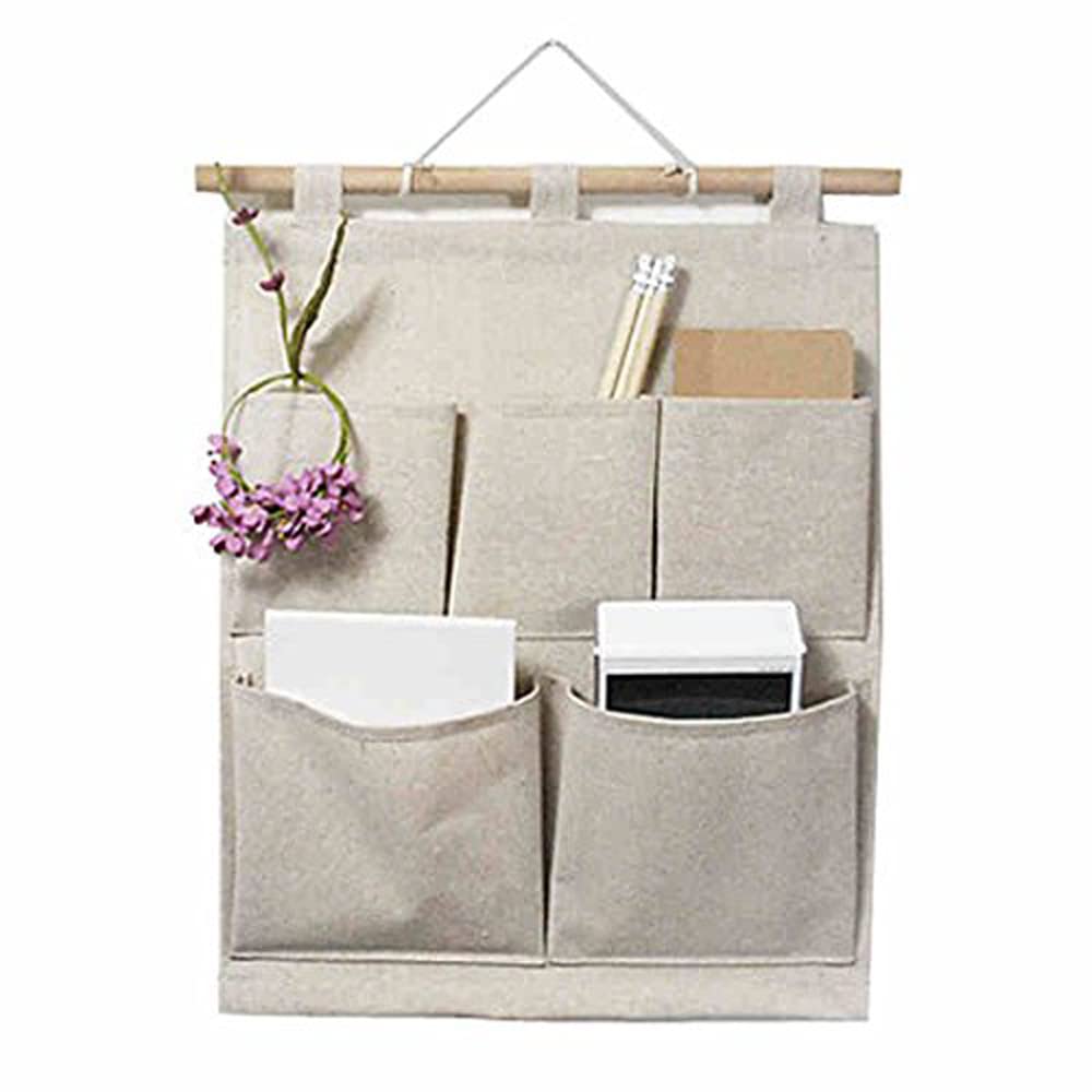 Kingree Over The Door Magazine Storage Pockets, Wall Door Closet Hanging Storage Bag Organizer, (5 Pockets-Nature)