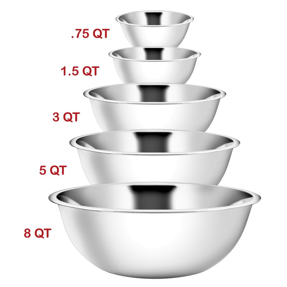 Ybm Home Stainless Steel Mixing Bowls (Set Of 5) For Baking, Cooking, And Prepping, Includes 0.75, 1.5, 3, 5, 8 Quart, Stackable