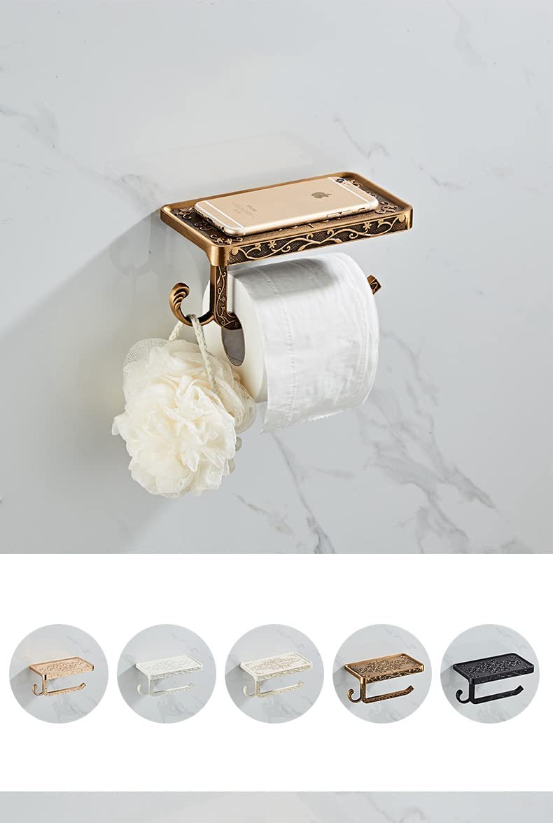 Vintage Paper Towel Holder With Cellphone Shelf For Bathroom, Wall Mount Anti-Rust Aluminum Paper Towel Rack (Brass)