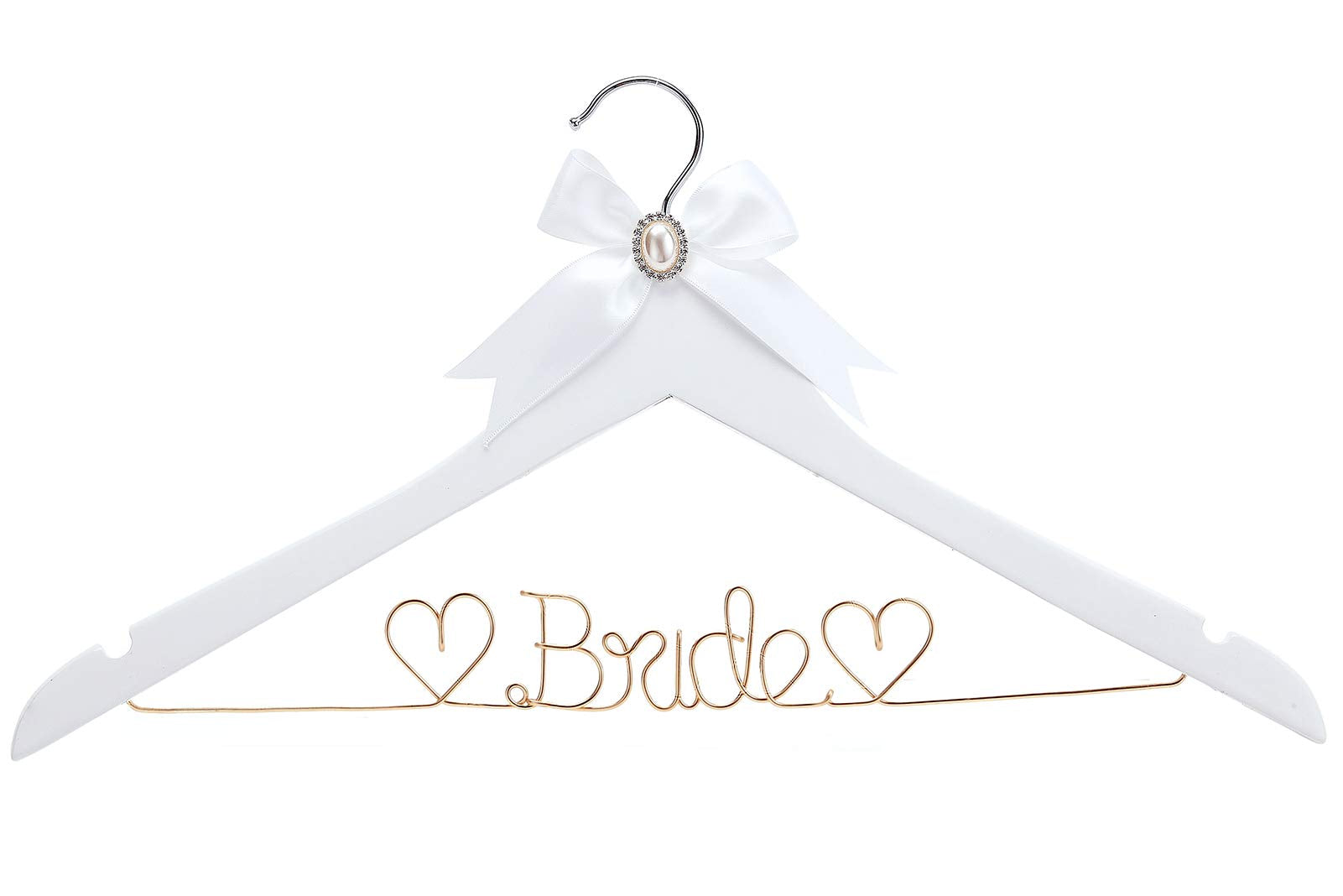 Huidian White Solid Wood Bridal Dress Hanger With Bridal Wire Lettering For Bridal Wedding Party Gift (White Hanger With Rose Go