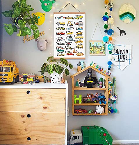 Natural Wood Magnetic Hanger Frame Abc Alphabet Transportation Poster- Colorful Canvas Wall Art Print, Cartoon Construction Truc