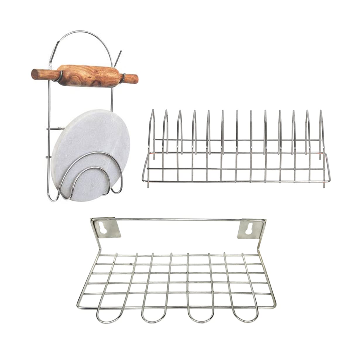 Jisun Stainless Steel Chakla Belan Stand & Plate Stand/Dish Rack & Wall Mounted Ladle Stand For Kitchen