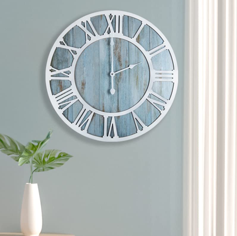 1st owned Wall Clock for Home Decor - 16 Inch Blue Wood Wall Clocks Battery Operated Silent Non Ticking Simple Minimalist Roman 