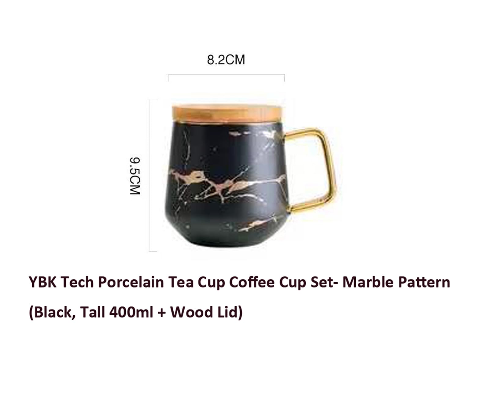 Eplze Ybk Tech Porcelain Tea Cup Coffee Mug Set For Afternoon Tea - Marble Pattern (Black, Tall 400Ml + Wood Lid)