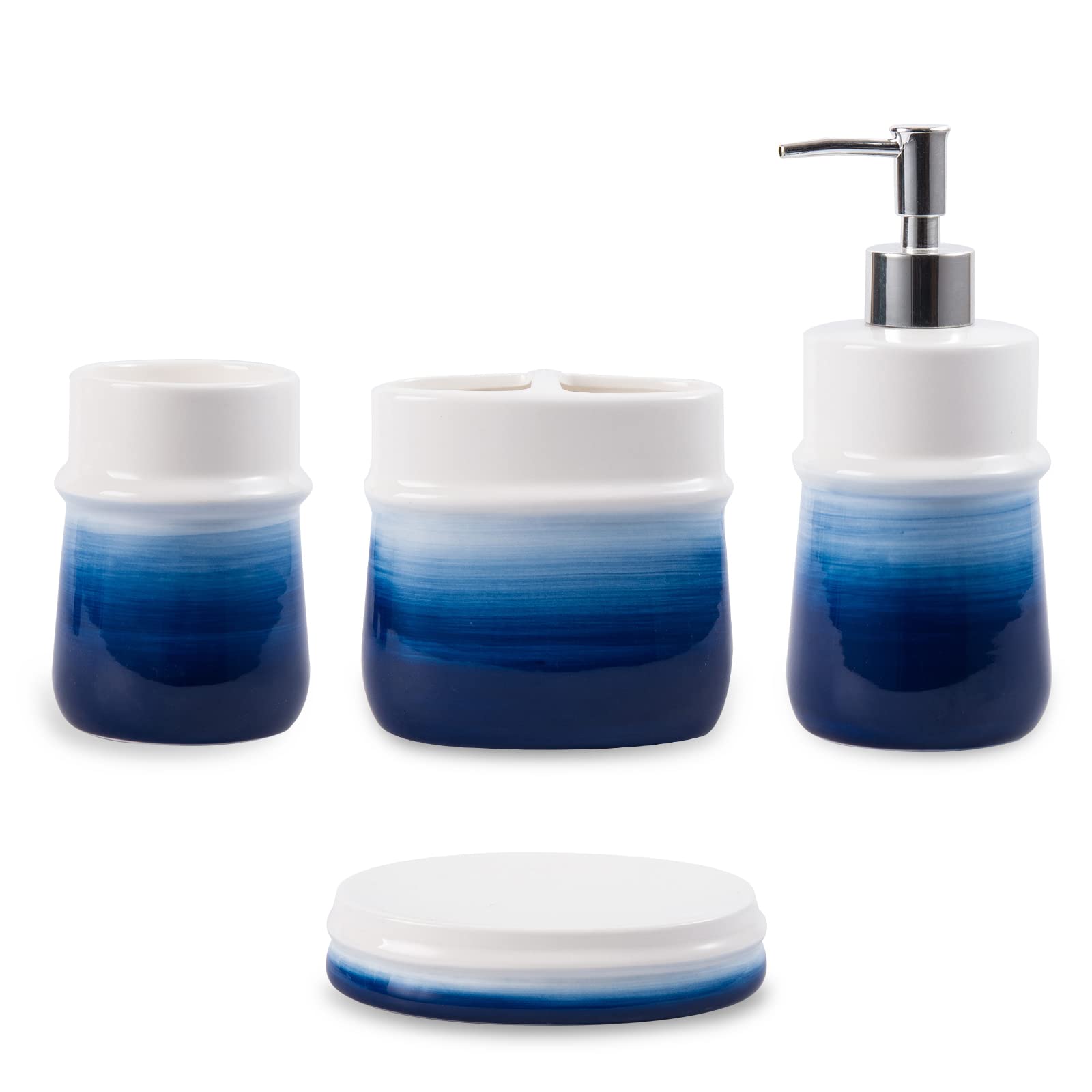 Rzcnc Navy Blue Bathroom Accessories Set, 4-Piece Blue Ceramic Bathroom Decorations Accessories Set,Contain Toothbrush Cup,Soap