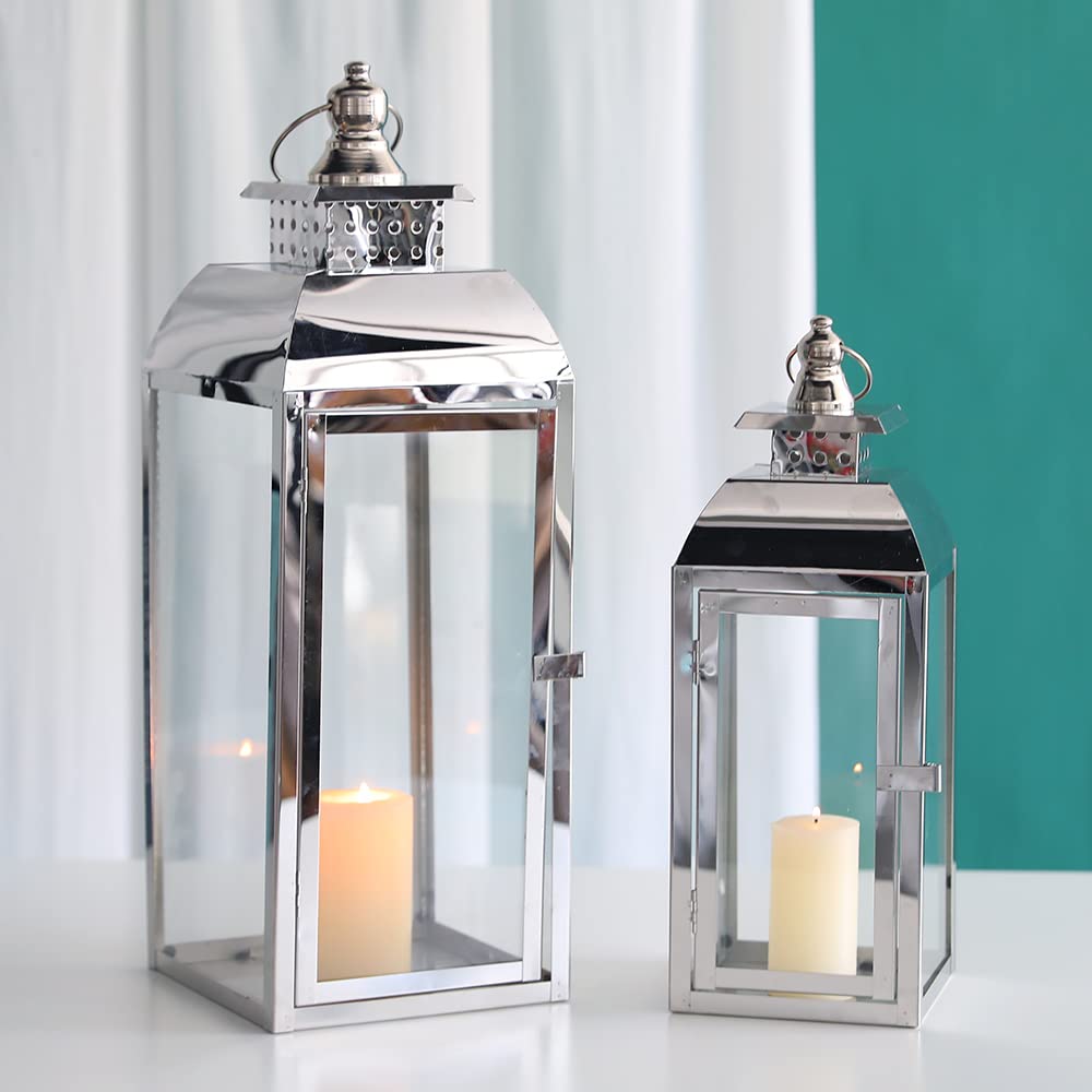 JHY DESIGN Set of 2 Stainless Steel Decorative Candle Lanterns 20.5&15 High Metal Candle Lanterns for Indoor Outdoor Events Pari