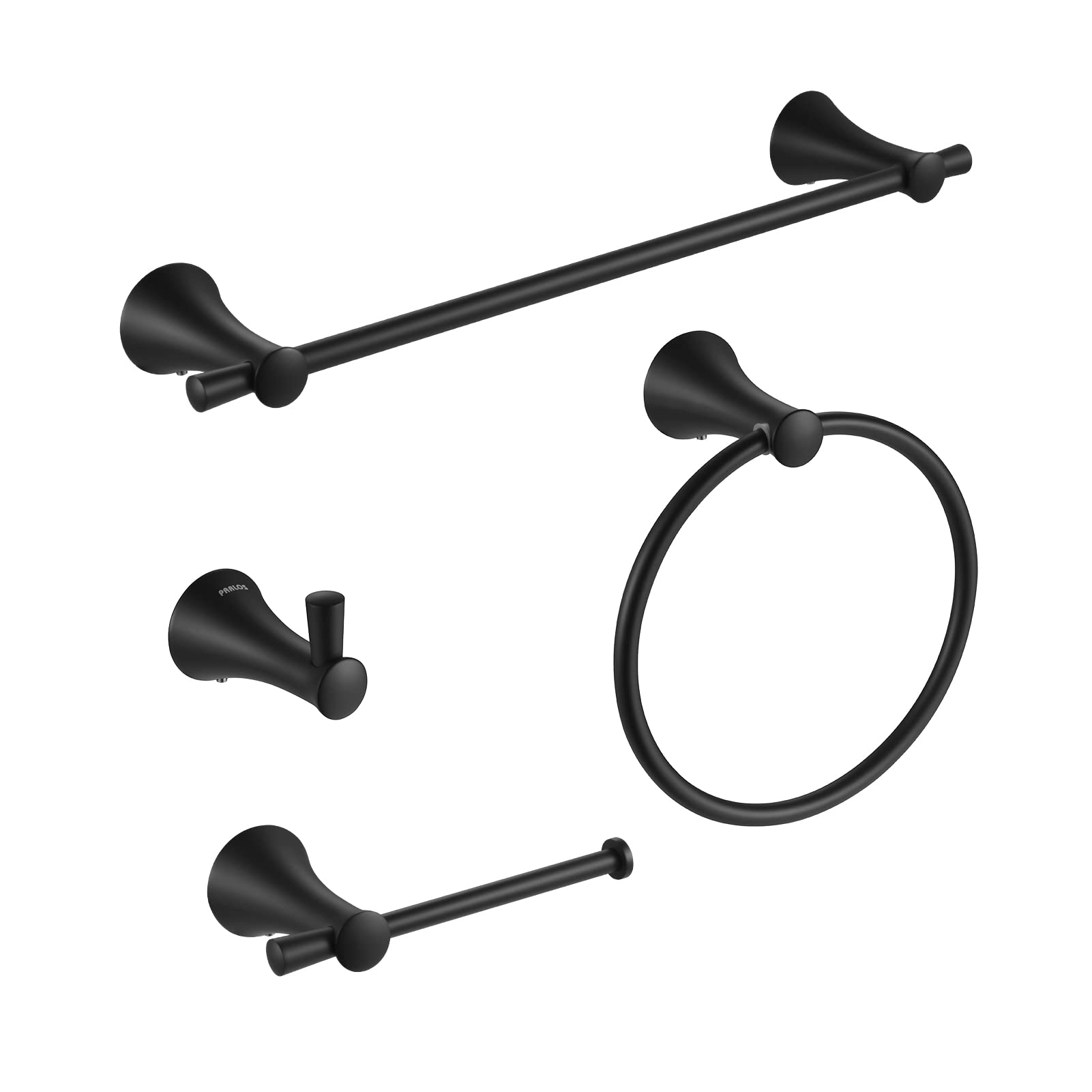 Parlos 4-Pieces Brass Bathroom Hardware Accessory Set Matte Black Towel Bar, Towel Ring, Toilet Paper Holder And Robe Hook Inclu