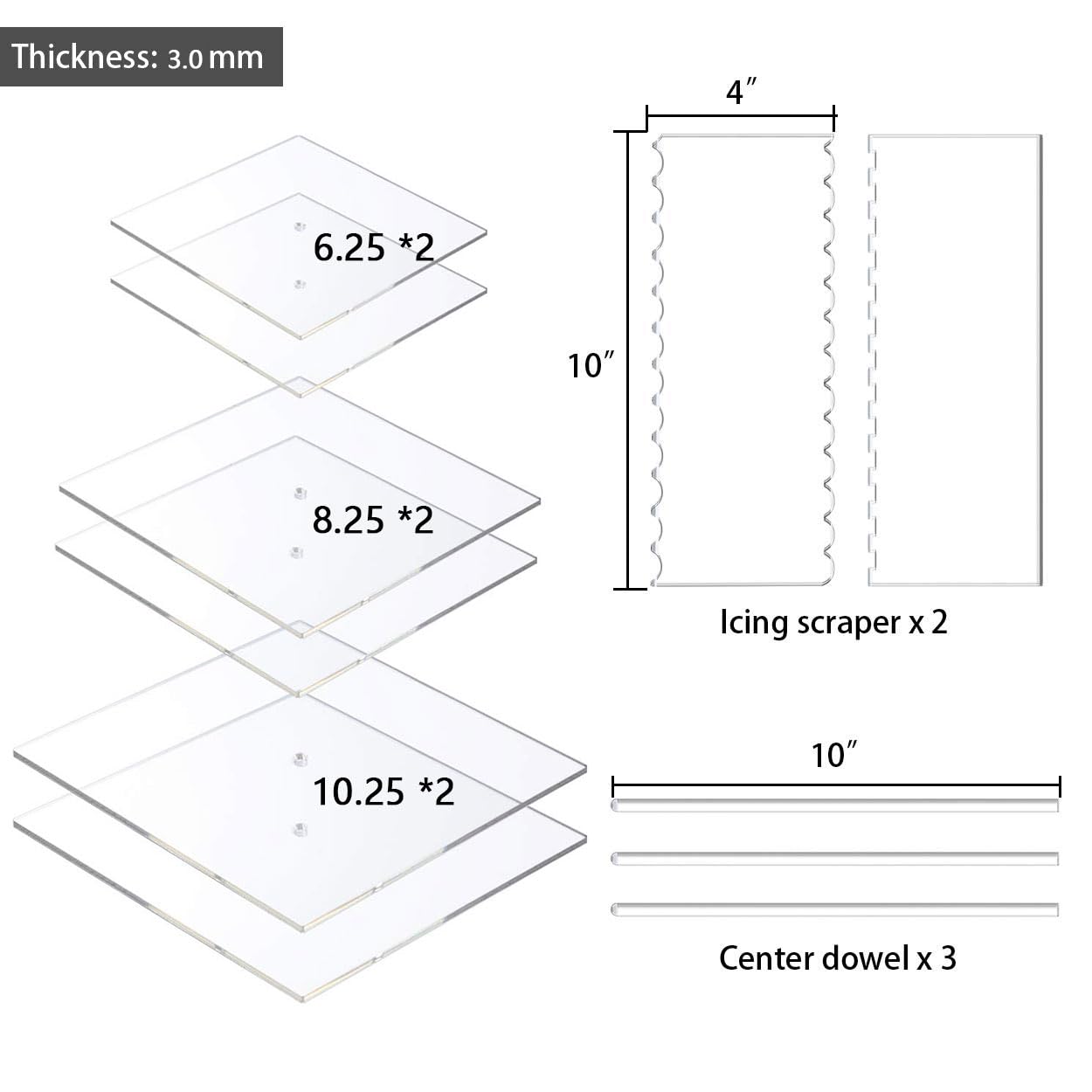 Boyun Acrylic Square Cake Disk Set,Acrylic Cake Discs Set,Comb Scrapers,Dowel Rods,Icing Scraper,Acrylic Scraper Smoother For 3