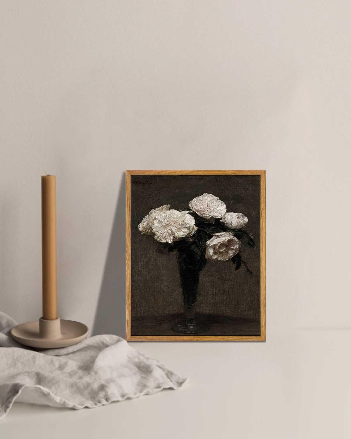 Kbkbart Framed Vintage Wall Art, Vintage Still Life Flower Canvas Oil Painting, Classical Moody White Roses Vase Prints For Wall