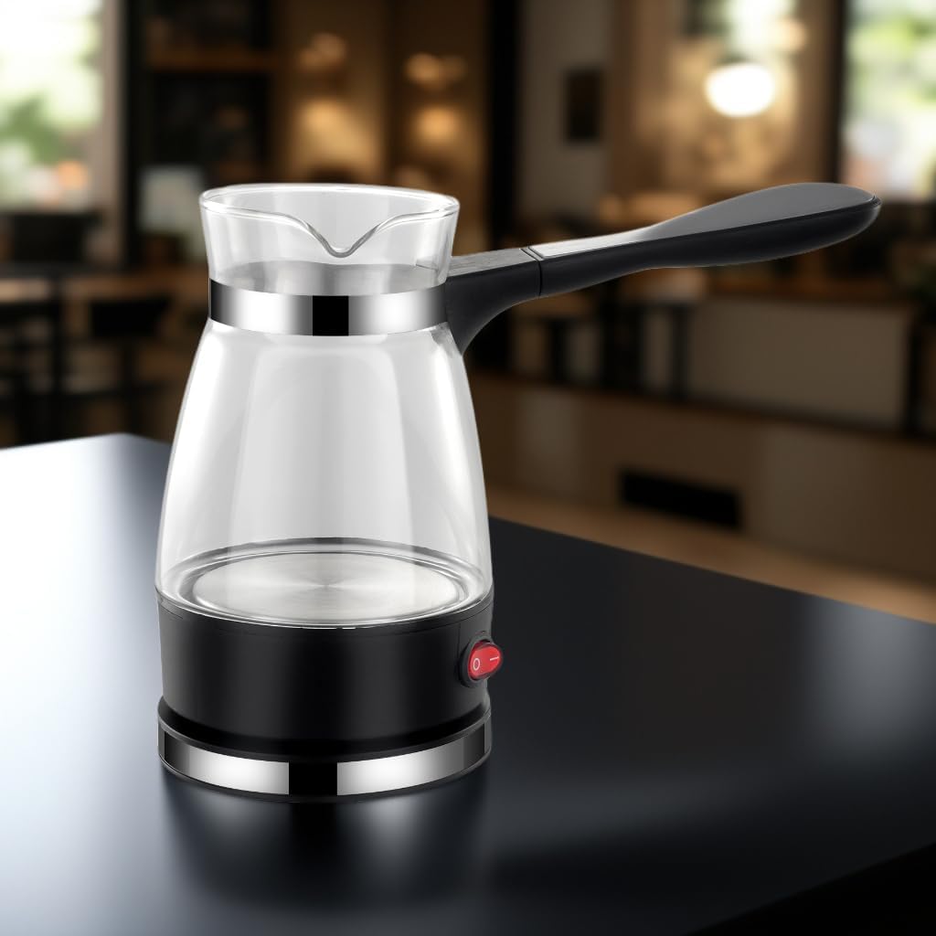 Krinee Electric Turkish Coffee Maker And Kettle, Glass Pot With Handle, 500Ml Capacity, Black And Clear 600W, Multi-Purpose For 