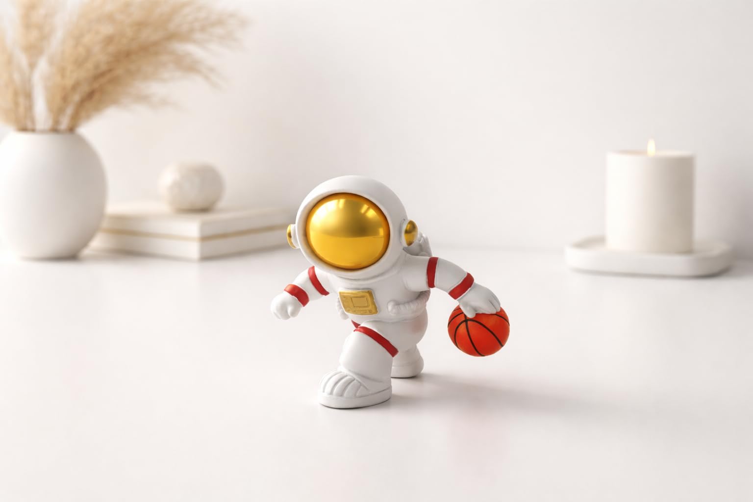 Astronaut Basketball Figurine Resin Showpiece With Golden Helmet | Space Theme Mini Statue For Desk Table Office Shelf Decor | C