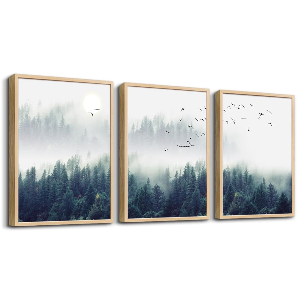 Natural Wood Framed Wall Art For Living Room Large Size Wall Decoration For Bedroom Foggy Forest Trees Landscape Painting Office