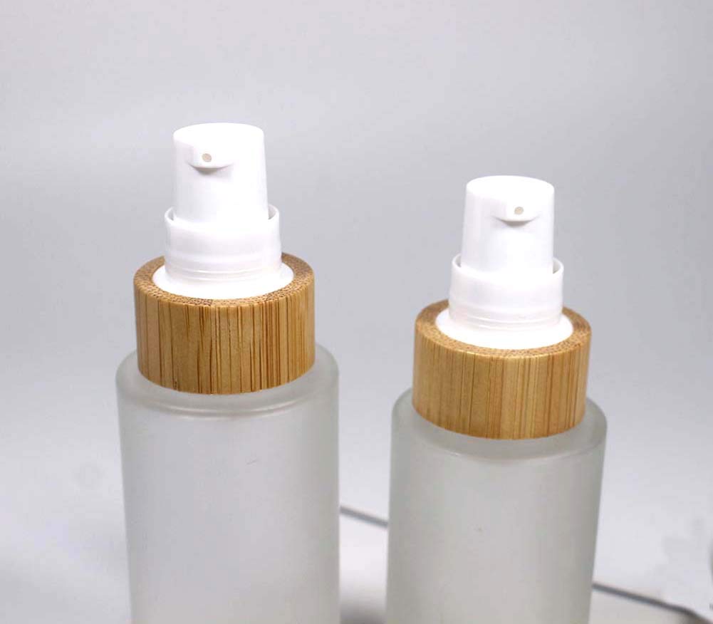 Frosted Glass Lotion Bottle,2 Pack Cosmetic Cream Bottles With Bamboo Lid Empty Travel Spray Bottles Pump Dispenser For Essentia