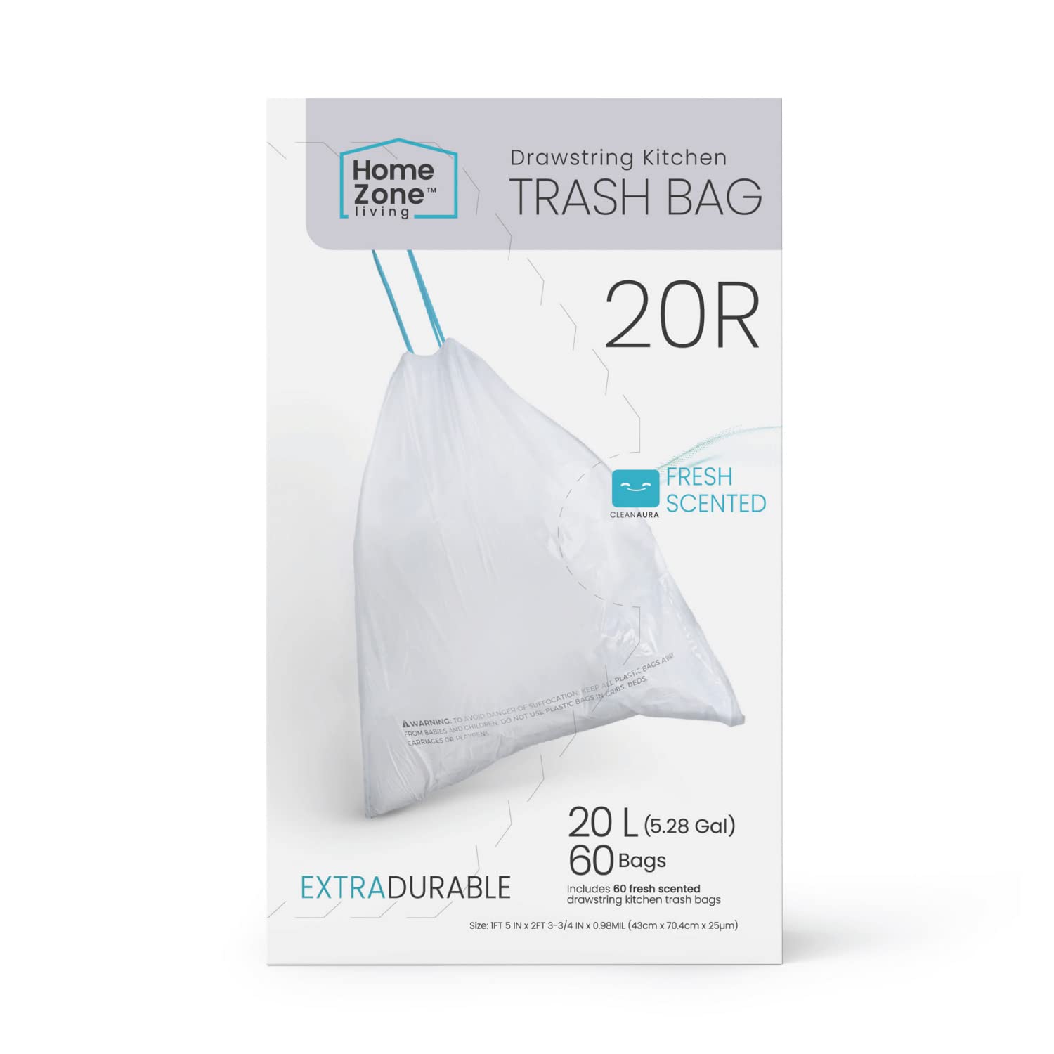 Home Zone Living 5.3 Gallon Kitchen Trash Bags with Drawstring Handles, Heavy Duty Custom Fit Design for 20 Liter Dual Recycling