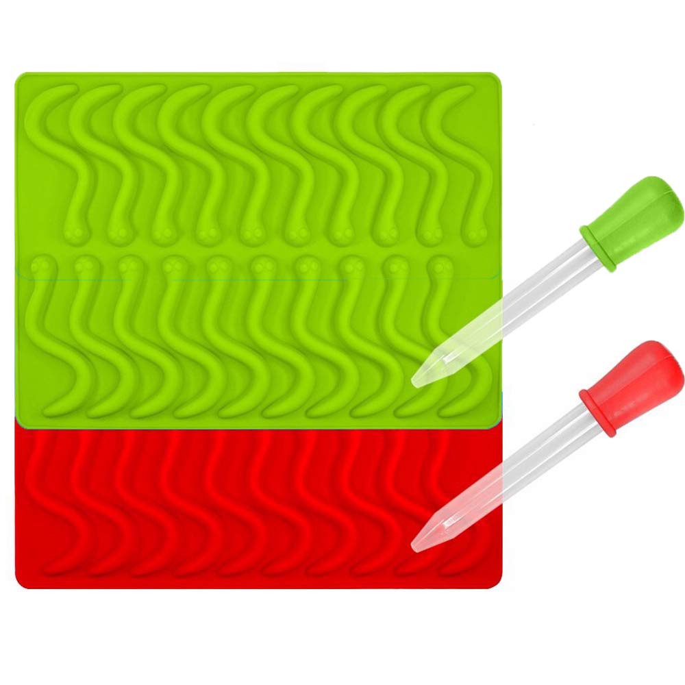 Chyir Candy Silicone Molds & Ice Cube Trays,2 Pack Gummy Worm Molds 20 Cavities With Bonus Dropper (Red, Green)
