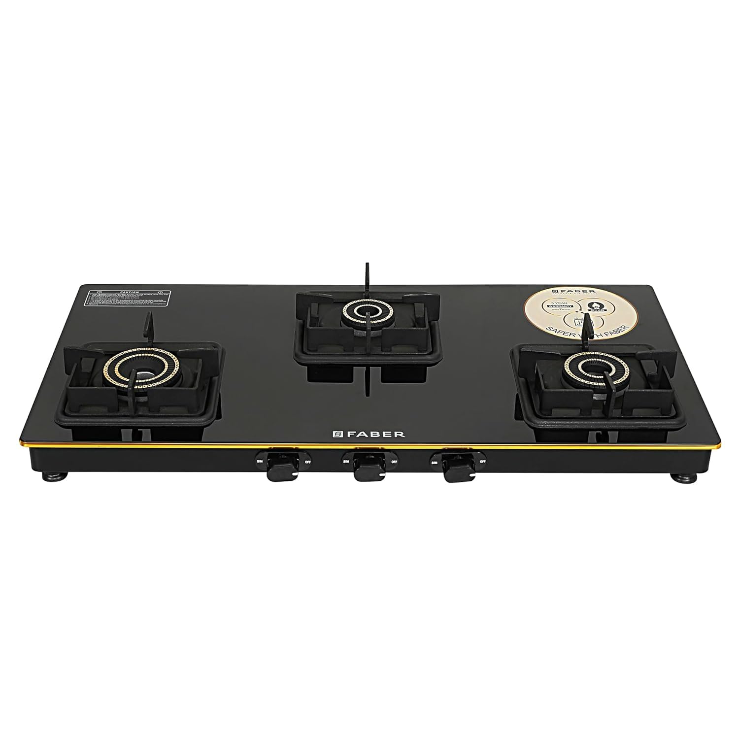 Faber Stylish 3 Brass Burners 77Cm Sleek Cooktop |Manual Ignition|Ms Powder Coated Pan Support|Black Glass Finish|5 Yrs Warranty