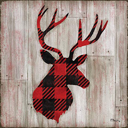 Gango Home D  Cor Beautiful Contemporary Red And Black Flannel Pattern Deer And Buck Silhouettes; Lodge Decor; Two 12X12In Paper