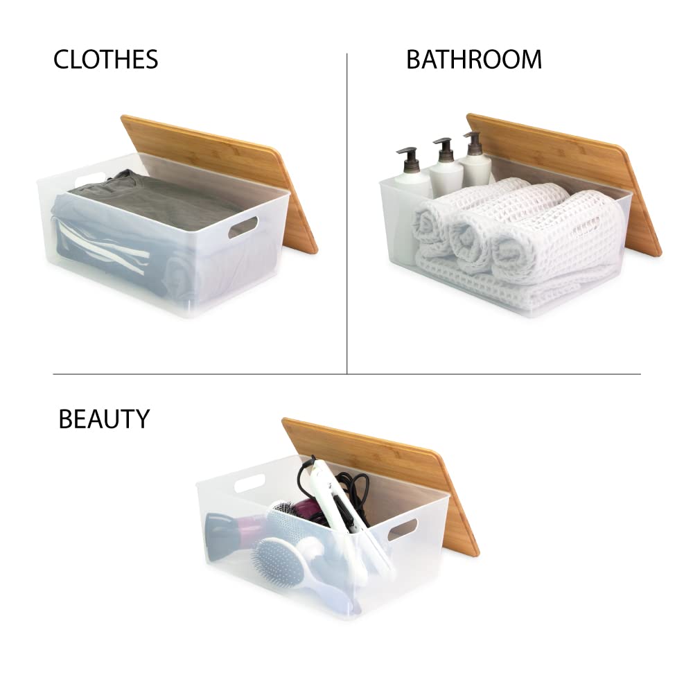 Isaac Jacobs 2-Pack Xl Clear Storage Bin Set W/Cut-Out Handles And Bamboo Lid, Plastic Organizers For Home, Pantry, Kitchen, Clo