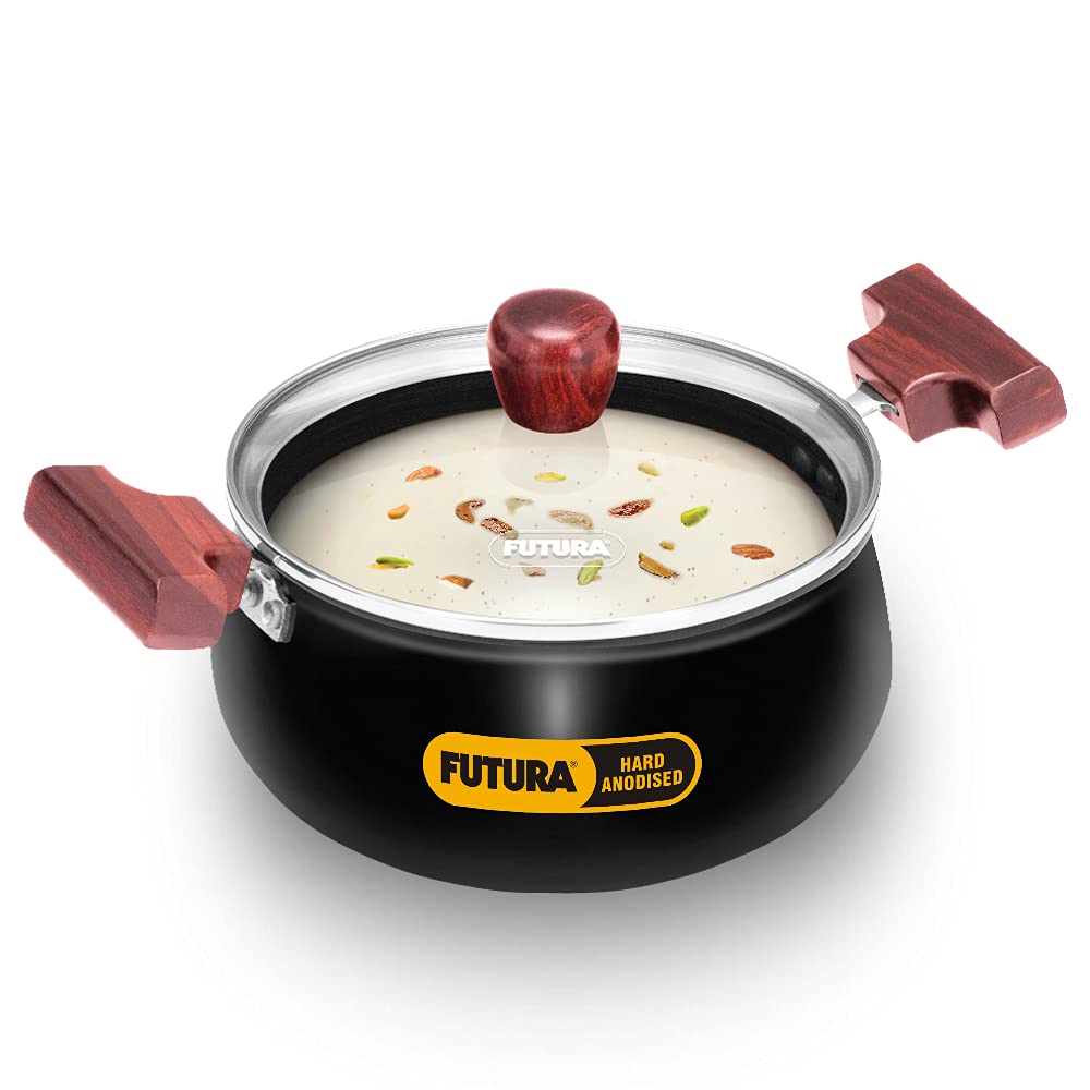 Hawkins Futura 2 Litre Cook N Serve Handi, Hard Anodised Biryani Handi With Glass Lid, Saucepan, Sauce Pan, Black (Ach20G) |Non