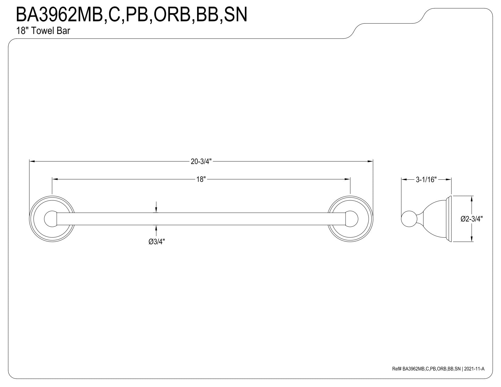 Kingston Brass BA3962PB Restoration 18'' Towel Bar  Polished Brass