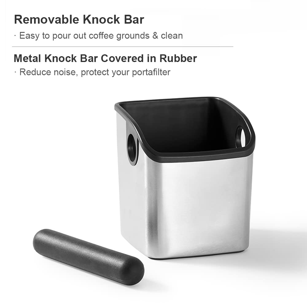 Cafemasy Espresso Grounds Knock Box Mini Durable Stainless Steel Coffee Grind Knock Box With Removable Knock Bar And Non-Slip Ba