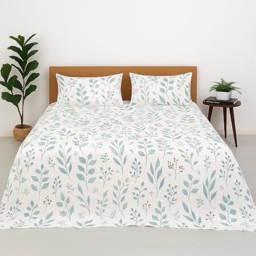 Bhoomi Impex Double Bed Bedsheet - Tranquil Green Petals Print - 90 X 100 Inches - Ultra Soft & Wrinkle-Free Microfiber Flat She