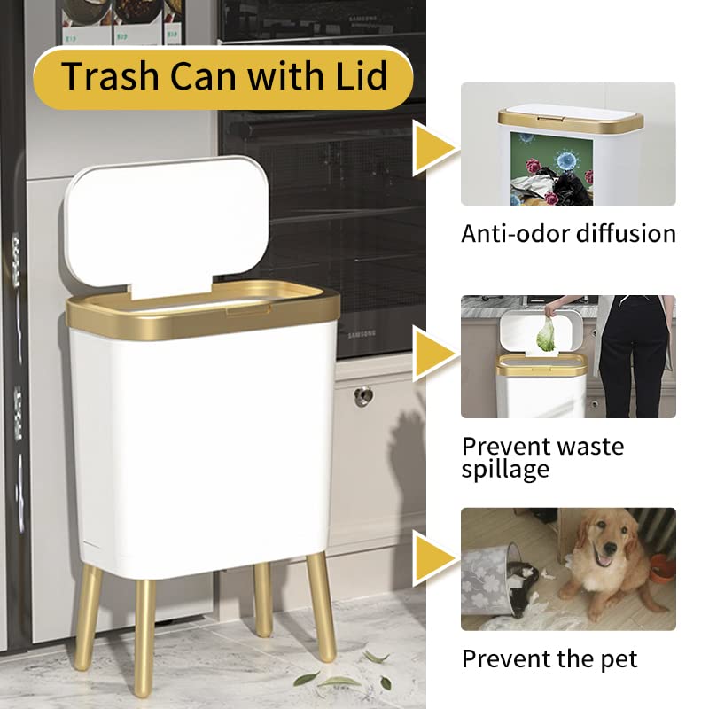 Procade Bathroom Trash Can With Lid, Plastic Garbage Can With Lid, 4 Gal Gold Trash Bin With Push Button, Narrow White Trash Can
