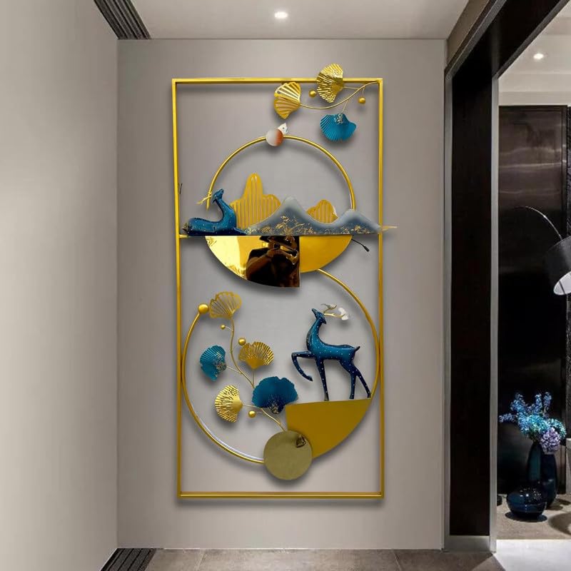 Rsn Big Metal Wall Decor,3D Handmade Deer With Zinko Leaves Iron Wall Art Decor, Large Modern Deer Home Metal Wall Hangings, Liv