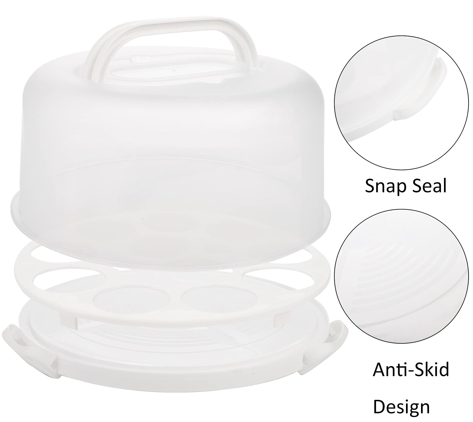Yesland Cake Carrier With Collapsible Handle - White Cake Container And Holder With Lid - Portable Plastic Round Cake Cover For