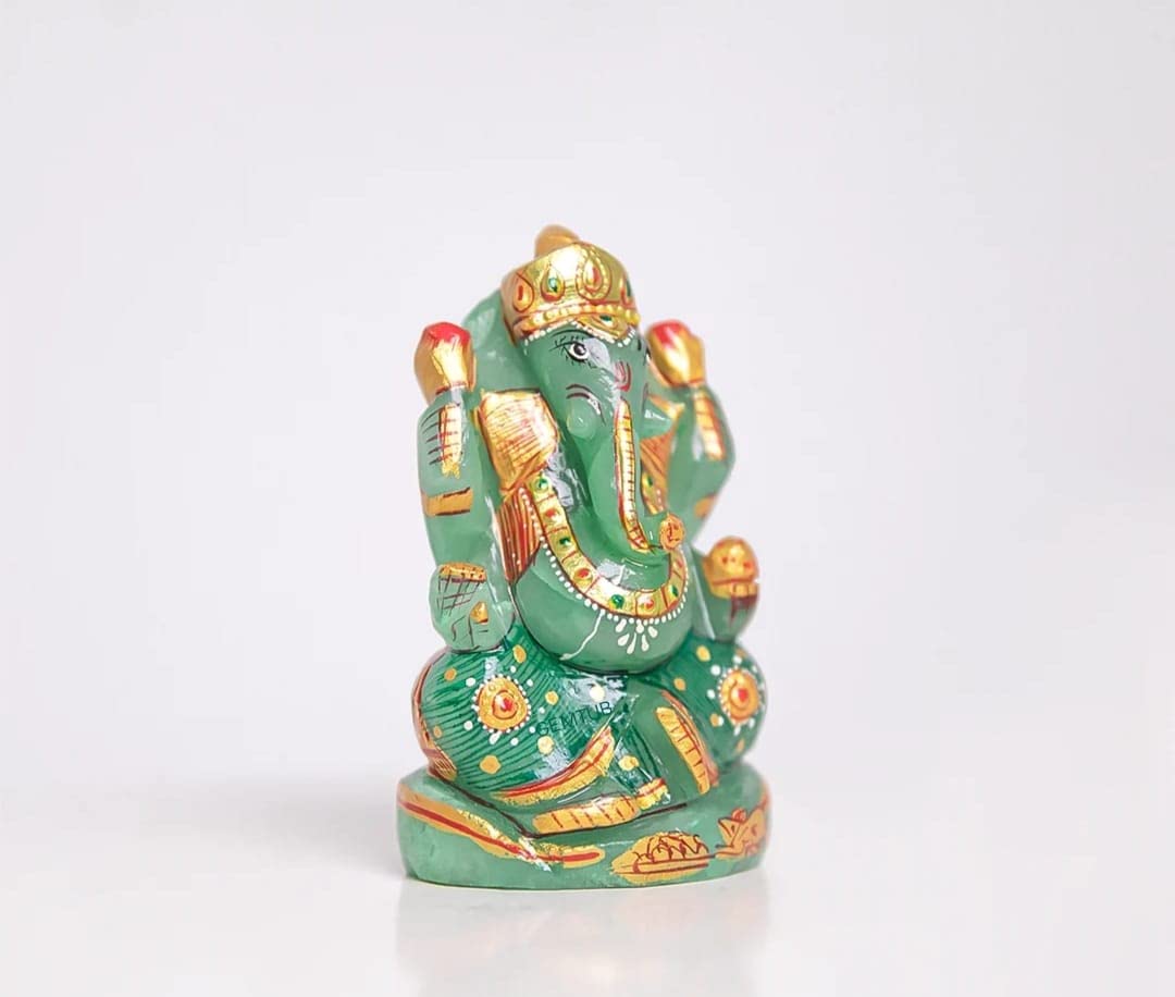Gemtub Handcrafted And Hand Painted Natural Green Aventurine Ganesha Idol Ganesh Ji Murti For Home And Gifting Purpose Size 3 In