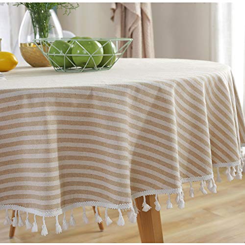 Amzali Stripe Tassel Tablecloth Cotton Linen Table Cloth Stain Resistant Dust-Proof Table Cover For Kitchen Dinning Tabletop Hom