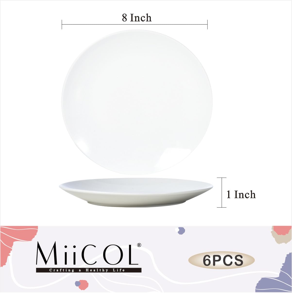 Miicol Ceramic Appetizer Plates Set Of 6, White Dessert Plates 8 Inch, Small Dinner Plates, Modern Round Salad Plates, Porcelain