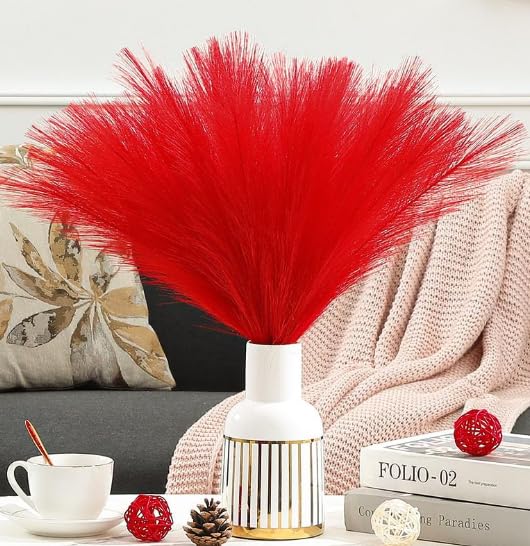 Serwalin 60Pcs Red Pampas Grass Decor, 17.7 Faux Pampas Grass, Artificial Short Pompas Grass Fluffy Plant Vase Filler Boho Decor
