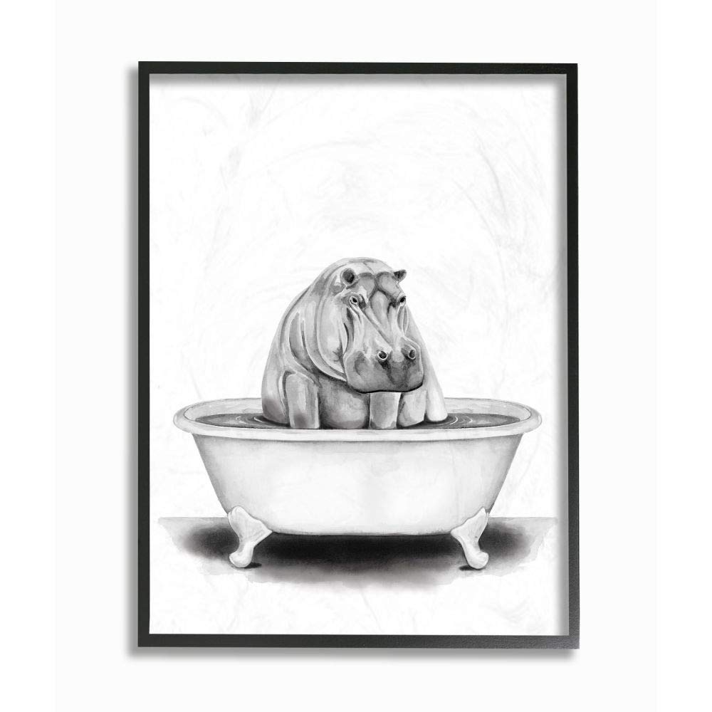 Stupell Industries Hippo In A Tub Funny Animal Bathroom Drawing, Design By Rachel Neiman Wall Art, 11 X 14, Black Framed