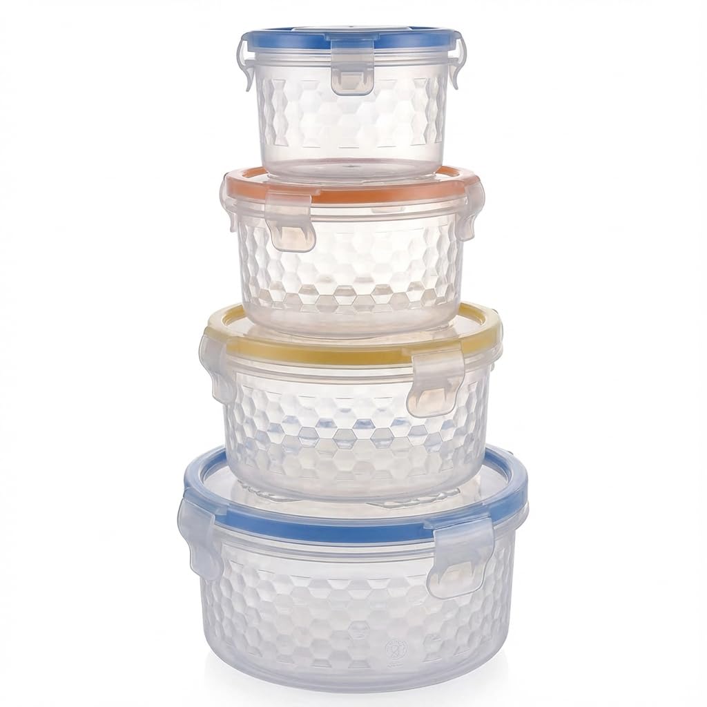 Grihasthi Store Food Storage Containers Set Of 4, Round With Locking Lids, Clear Plastic, Honeycomb Pattern, 100Ml, 200Ml, 400Ml