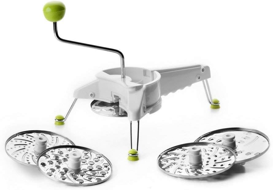 Ibili 5-in-1 Mouli Rotary Cheese Grater  Slicer  Made in Spain  Includes 5 Stainless Steel Interchangeable Variated Discs  (Discs Dishwasher Safe)