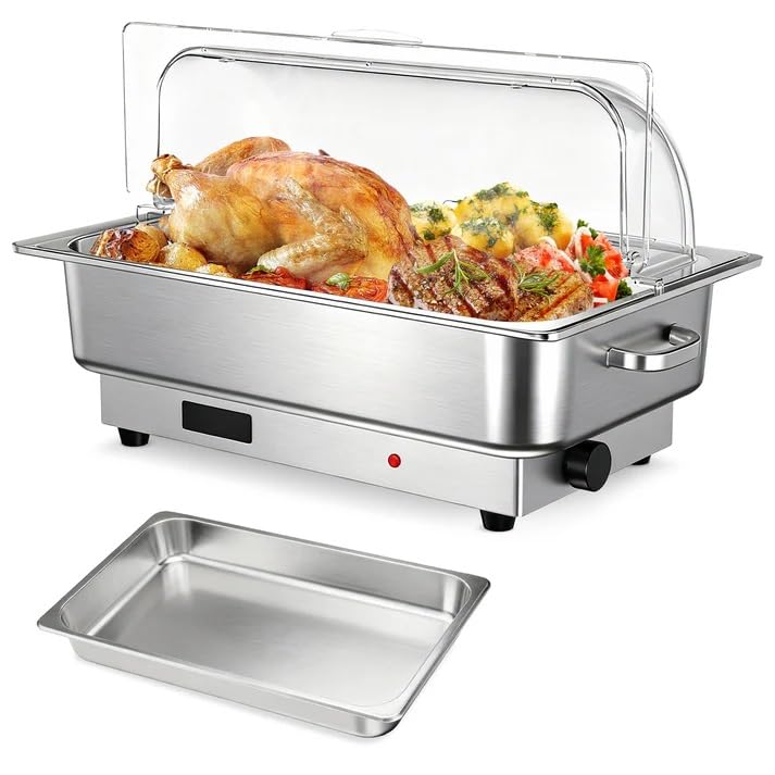 Garvee Electric Chafing Dish Buffet Set, 9 QT Roll Top Food Warmer with Transparent PC Lid, 400W Temperature Control 86-200F, St