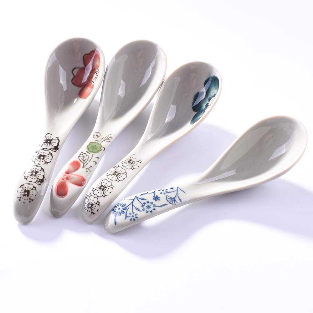 Japanese Soup Spoons Set Of 4, Asian Ceramic Ramen Spoons
