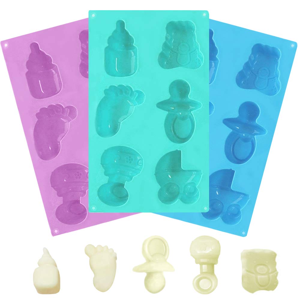 3 Pack Baby Shower Party Silicone Mold,Danzix Baby Carriage Feeding Bottle Little Feet Bear Pacifier Silicone Fondant Mold For S