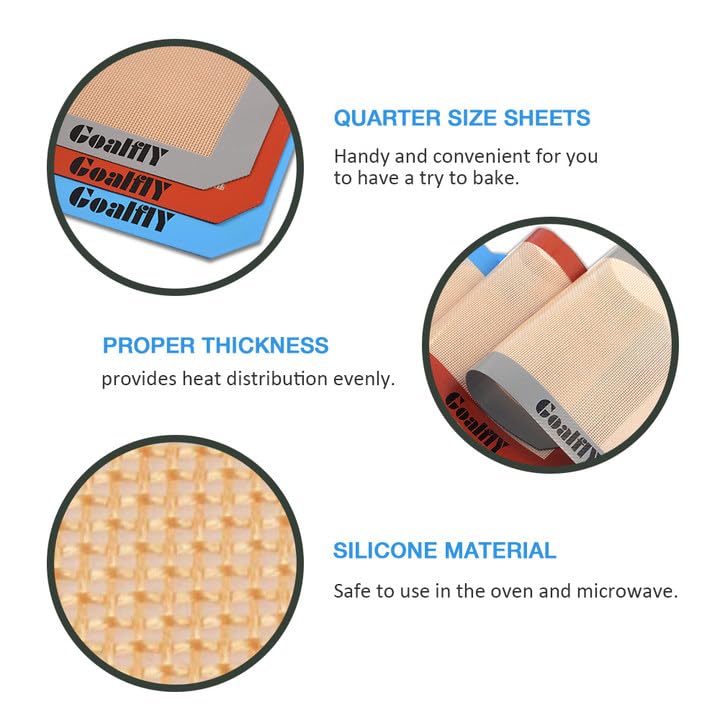 Goalfly Small Silicone Baking Mat Sheet (11.8 X 8.5 In), 3 Pieces Baking Mat Set, Reusable Silicone Mat For Oven, Toaster, Bakin