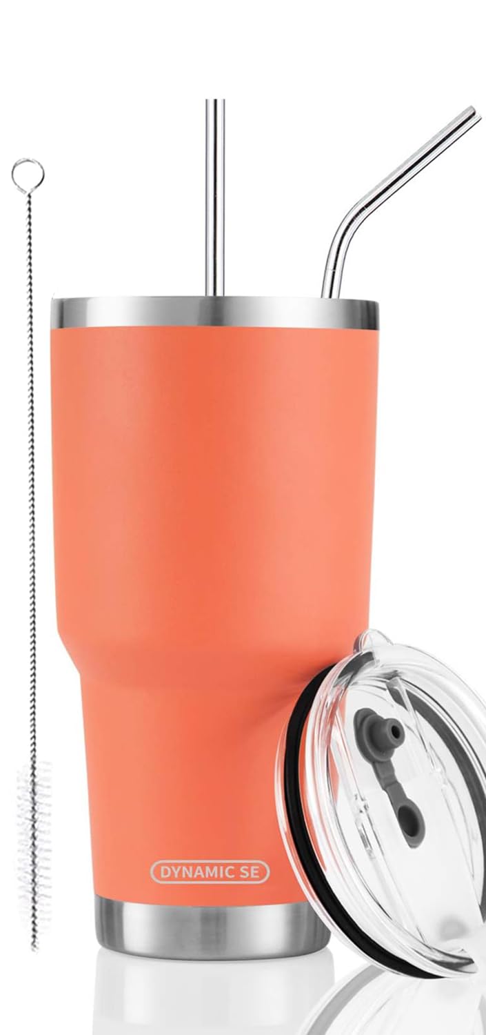Ds 30Oz Orange Tumbler Stainless Steel Insulated Travel Mug With Straw Lid Cleaning Brush (30Oz Orange)