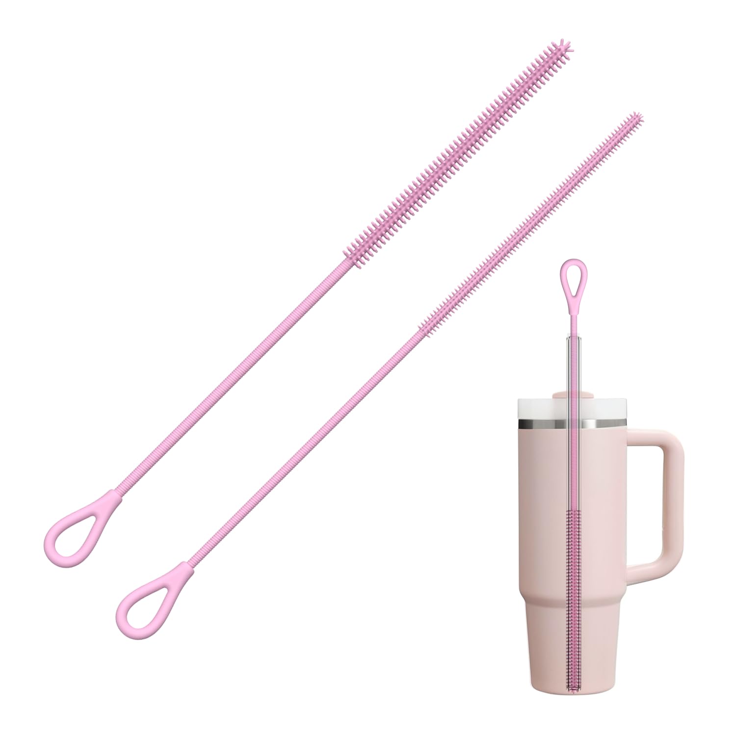 YOTIME Silicone Straw Cleaner Brush, 2Pcs Reusable Straw Brush Extra Long for Cleaning Tumbler with Handle and Glass Metal Smoot