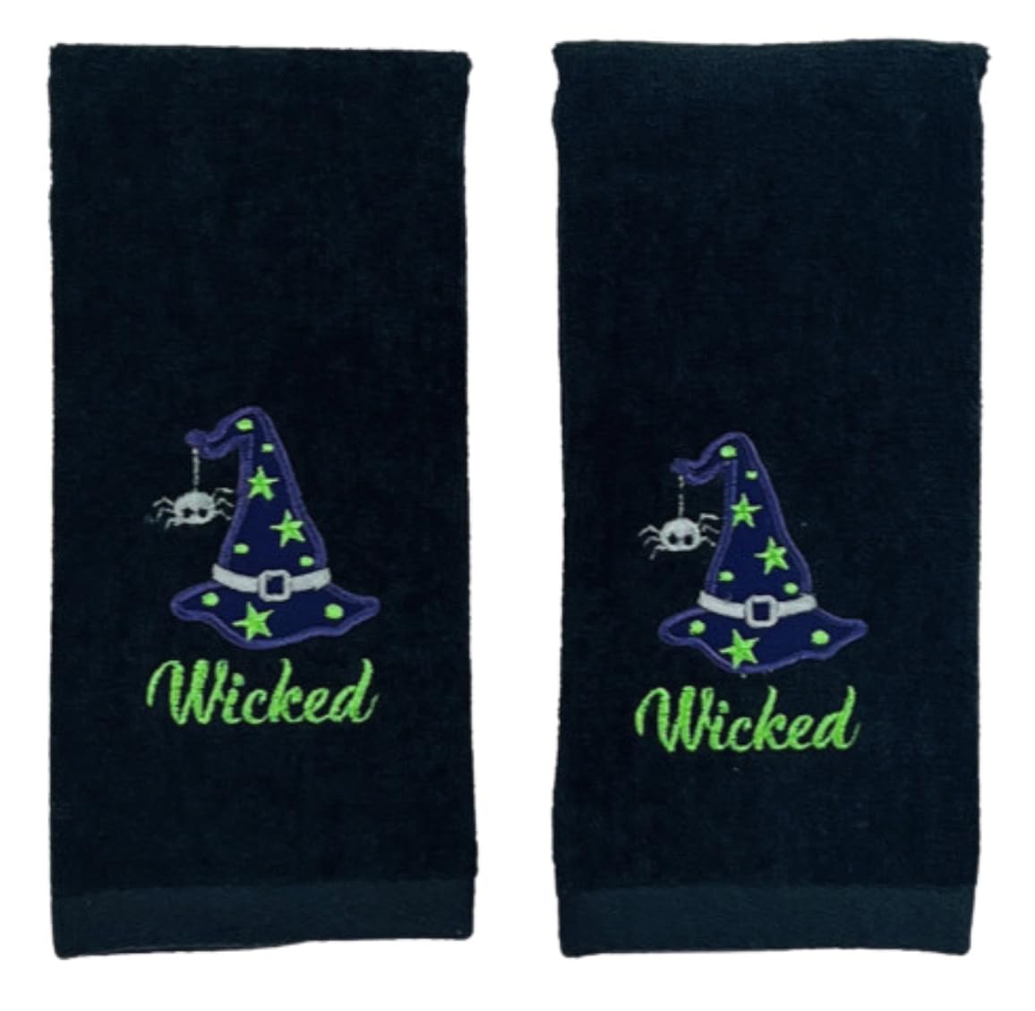 Serafina Home Halloween Fingertip Bathroom Towels: Embroidered Wicked Witchs Hat Design on Plush Black, 2 Piece Set, 12 x 18 In