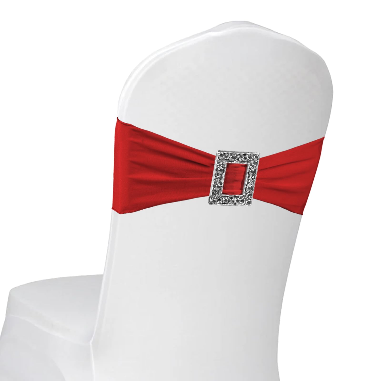 PWDAN 100 Pack Spandex Stretch Red Chair Sashes Bows, Elastic Chair Cover Bands Ties with Buckle Slider for Wedding Party Banque